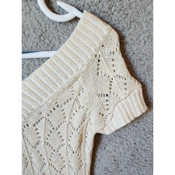 Vtg Y2K Cache Short Sleeve V Neck Open Knit Long Sweater Top Ivory Metallic XS - Picture 3 of 11
